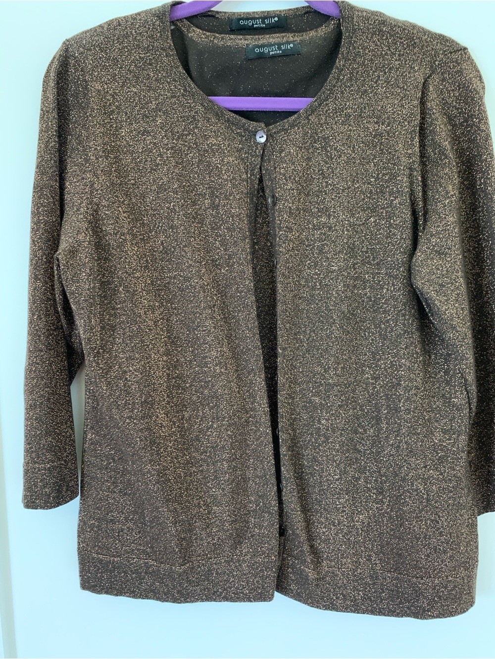 august silk Bronze Metallic Knit Cardigan and shell set.